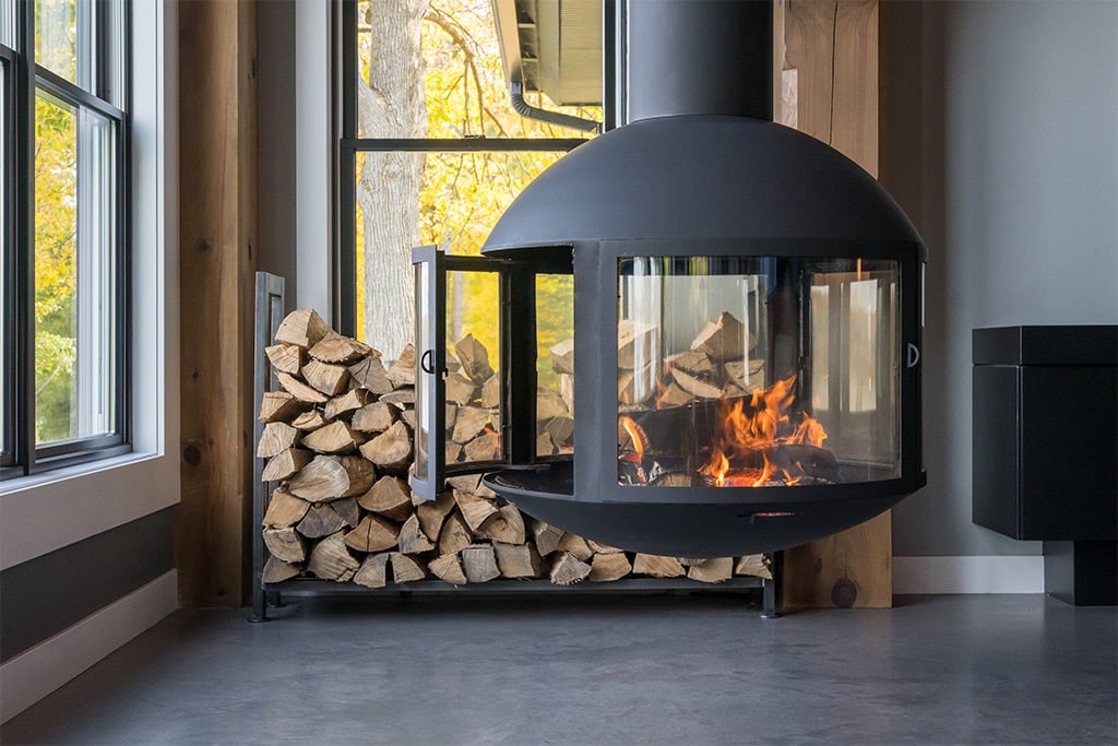 monoslope living room suspended fireplace