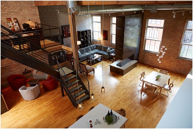 North Loop Industrial Loft with Peninsula 3 sided Fireplace